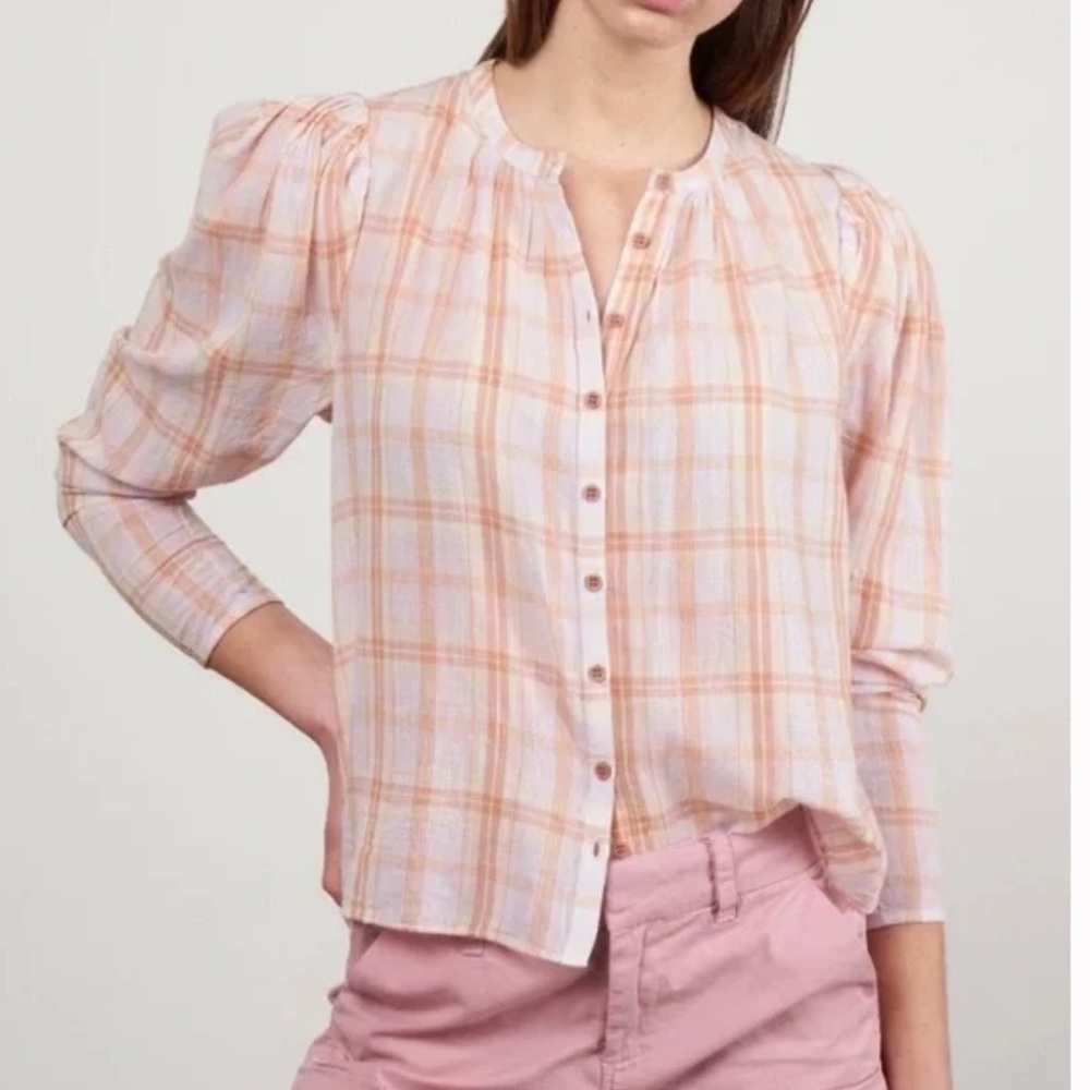 ULLA JOHNSON Nour Blouse Button Down Balloon Sleeve Pink Orange Size 2